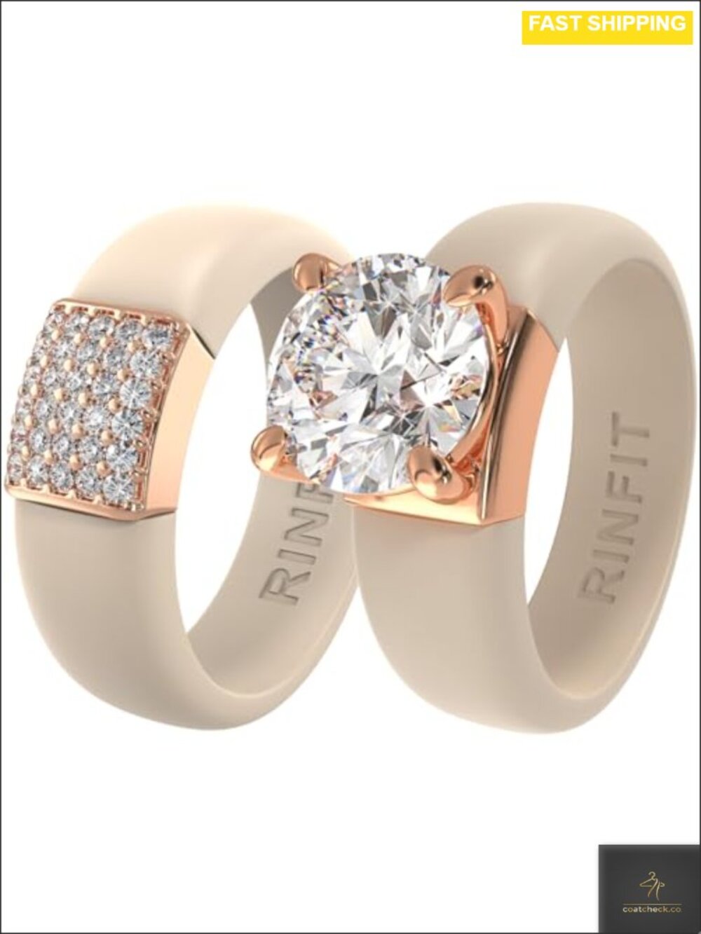 Silicone Ring Set Round CZ Solitaire & Band Flexible Comfort Fit